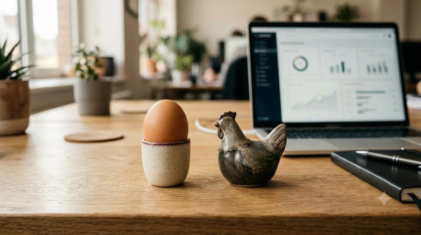 KI-generiertes Bild: Stillleben mit Ei und Hahn-Figur vor einem Laptop mit Business-Dashboard